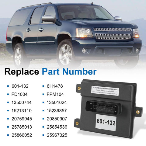 Fuel Pump Driver Flow Module Plug And Play Ready For Chevy Silverado Suburban 1500 GMC Sierra 1500 Yukon XL Cadillac Escalade ESV EXT Hummer H2 H3T Buick Enclave Saturn Vue Replacement 601132 shown with compatible vehicles.