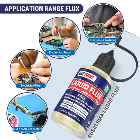 Liquid Solder Flux Dropper Kit 60mL No Clean Rosin Flux For Electronics Soldering with application examples, two 30mL bottles