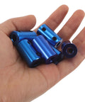 Ten Piece Blue Aluminum Motor Shaft Coupling Connectors 6mm Fit For 3D Printers And CNC Machines held in hand.