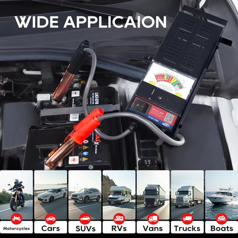 6V And 12V Battery Load Tester For Cars, Motorcycles, RVs, Boats And ATVs, 100 To 1000 CCA Range, Portable 100A Battery Tester With Rubber Handle For Easy Transport And Quick Battery Health Check. connected to car battery, wide application
