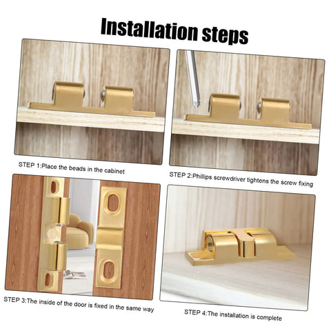 Installation steps for Heavy Duty Cabinet Latches Set 24 Pcs Golden Finish Brass Ball Tension Latches for cupboards and drawers