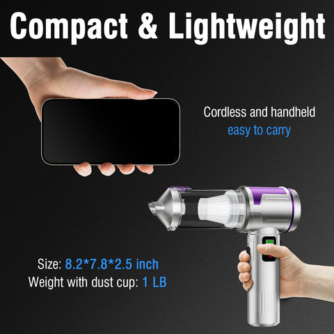 Cordless Handheld Car Vacuum With 22000 Pa High Power Suction, Beast Mode Power, shown compact and lightweight with dimensions 8.2*7.8*2.5 inch
