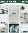 Image showing multiple usages of the All Surface White Touch Up Paint Pen For Cabinets, Furniture, Walls, Doors, Metal And Enamel Appliances with various surfaces displayed including cabinets, walls, and appliances.