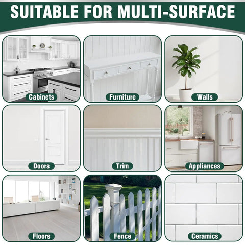 Image showing multiple usages of the All Surface White Touch Up Paint Pen For Cabinets, Furniture, Walls, Doors, Metal And Enamel Appliances with various surfaces displayed including cabinets, walls, and appliances.
