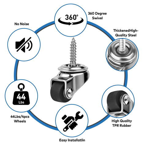 Diagram of 4 Pack Mini Stem Caster Wheels With One Half Inch M4 Screw Stem Swivel Casters, highlighting features and materials.
