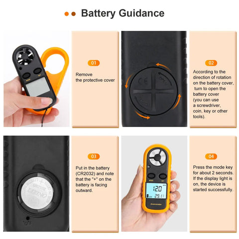 Handheld Anemometer Wind Meter With Temperature Readout, lightweight digital gauge with CR2032 battery cover instructions