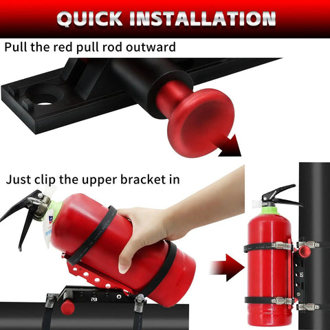 Universal Quick Release Fire Extinguisher Mount With CNC Aluminum Adjustable Roll Bar Holder installation process.