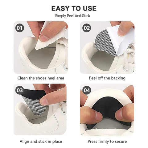 Step-by-step application of Self Adhesive Heel Patches For Sneakers And Boots, 6 Pairs Thin Microfiber Leather Repair Patches.