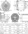 Technical drawing of Rock Solid 7500W Vortex Blower Built With Heavy Duty Aviation Aluminum Casing for high pressure airflow.