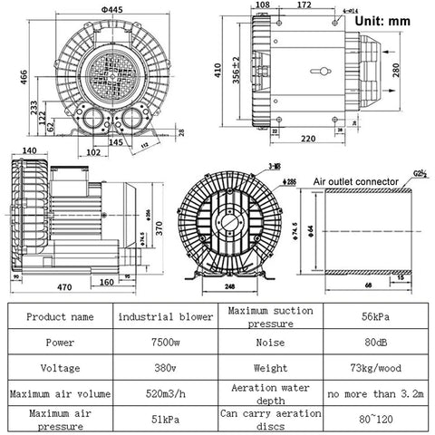 Technical drawing of Rock Solid 7500W Vortex Blower Built With Heavy Duty Aviation Aluminum Casing for high pressure airflow.