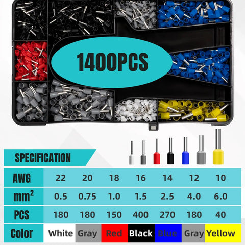 Color-coded box of 1400 ferrule terminals for All In One Ferrule Crimping Kit With 1400 Ferrule Terminals For 20 8 AWG Wire