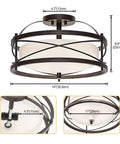 Semi Flush Mount Ceiling Light For Farmhouse Hallway And Kitchen, Retro Vintage Metal Cage Drum Fixture With E26 Base, Bronze Finish, Open Cage Shade, Modern Rustic Home Lighting with product dimensions shown.
