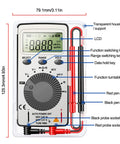 Auto Ranging Digital Multimeter With NCV Contact Tester showing LCD and function buttons, pocket size for electrical testing.