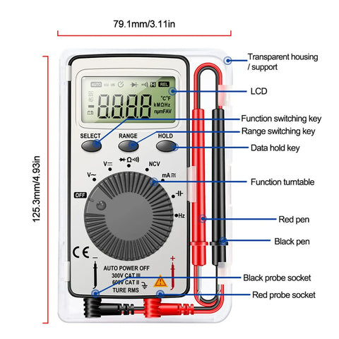 Auto Ranging Digital Multimeter With NCV Contact Tester showing LCD and function buttons, pocket size for electrical testing.