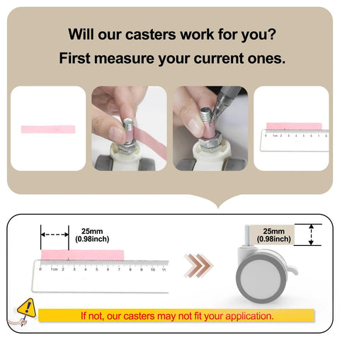 Measurement guide for Lockable Stem Caster Wheels Set Of 4, 2.5 Inch White Swivel Casters With M8 Metric Threads, showing 0.98 inch stem.