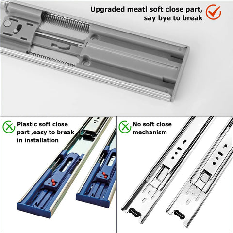 Heavy Duty 20 Inch Soft Close Drawer Slides With Hydraulic Damper For Zero Slam Action Quiet Cabinet Rails and Full Extension Premium Glides, showcasing metal soft close mechanism.