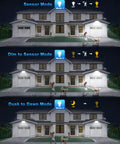 Illustration of 2 Pack Outdoor Solar Motion Lights With Remote, 3 Modes: sensor mode, dim to sensor, and dusk to dawn in use.