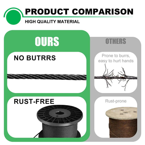 One Eighth Inch 400 Ft T316 Stainless Steel Railing Cable Wire Rope 7 By 7 Strands vs rusty wire comparison