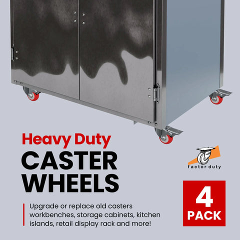 Four Pack 2 Inch Red Polyurethane Swivel Caster Wheels Square Plate Mount on a metal cabinet for smooth rolling.