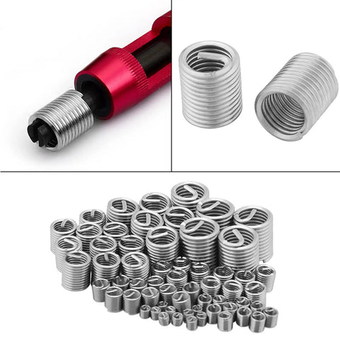 60 Piece Stainless Steel Thread Repair Kit For Screws And Fasteners With Wire Inserts And Thread Sleeves displayed in various sizes