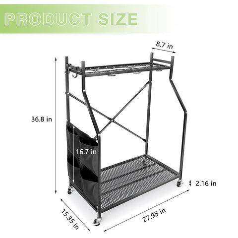 Garden Tool Storage Rack for Garage and Yard Heavy Duty Alloy Steel and Plastic Construction 28 Inch, dimensions labeled