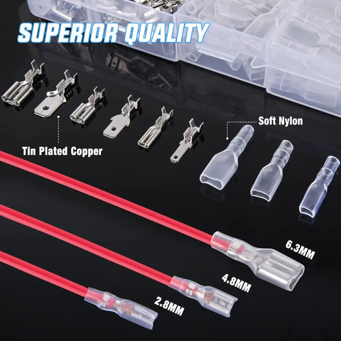 Insulated Male And Female Spade Terminals Quick Splice Assortment Tin Plated Copper Open Barrel Wire Connectors for 22 to 14 AWG