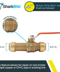 Three Quarter Inch Slip Ball Valve Push To Connect Brass Plumbing Fitting For PEX Copper CPVC PERT HDPE No Tools Needed