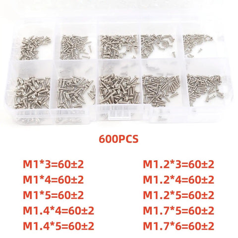 600 Piece M1 To M1.7 Miniature Self Tapping Screws Set Crosshead Carbon Steel Kit in transparent box