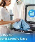 Woman using Built Tough 27 Lbs Full Automatic Washer And Spinner Combo With 10 Programs And 8 Water Levels, No Sweat Portable Laundry Machine For Tiny Apartment Dorm Or Rv Setup In Grey.