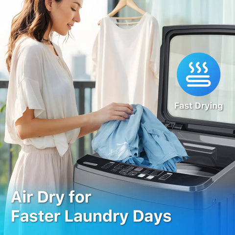 Woman using Built Tough 27 Lbs Full Automatic Washer And Spinner Combo With 10 Programs And 8 Water Levels, No Sweat Portable Laundry Machine For Tiny Apartment Dorm Or Rv Setup In Grey.