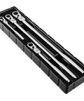 Long Reach Flex Head Ratchet Set With 72-Tooth Drive in black case, includes quarter, three-eighths, and half inch drives