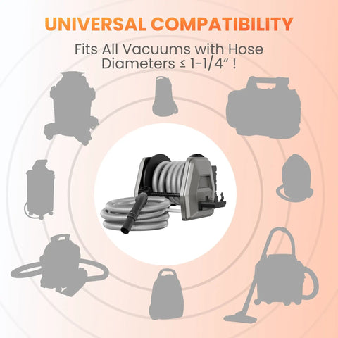 Retractable Vacuum Hose Reel With 30Ft Hose Extension, Wall Mount, shown with gray hose, compatible with 1-1/4 inch vacuums
