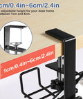 Close-up of clamp rack from 2 Pack No Drill Under Desk Cable Management Tray Set with measurement guide on wooden desk.