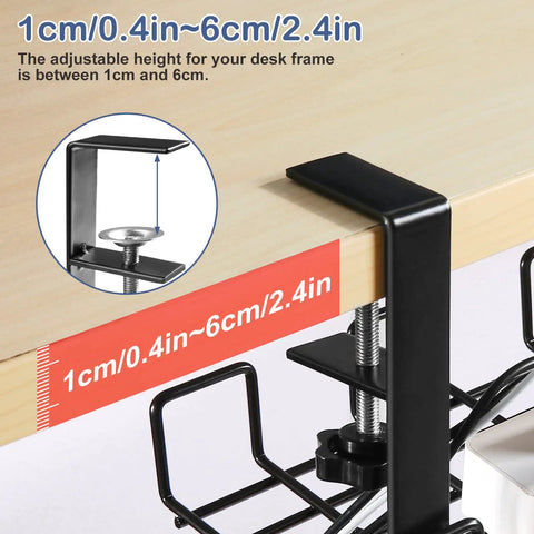 Close-up of clamp rack from 2 Pack No Drill Under Desk Cable Management Tray Set with measurement guide on wooden desk.