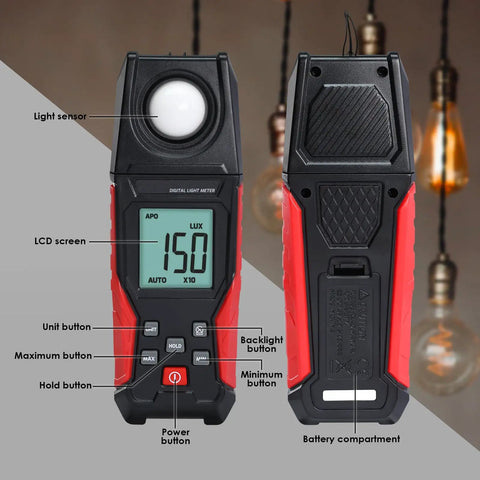 Digital Illuminance Light Meter With Backlight Lux Meter For Indoor Outdoor Use, Measures 0.1 To 200000 Lux And 0.01 To 20000 FC, Go-To Gear For Plants, Film Photography, And Lighting Setup, front and back view with LCD screen