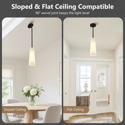 Ziikopoo 2 Pack Modern Matte Black Kitchen Island Pendant Lights, conical ribbed glass shade on sloped and flat ceilings.