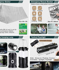 Survival kit with emergency shelter tent, emergency rescue blanket, two-mode camping lamp, and tactical flashlight