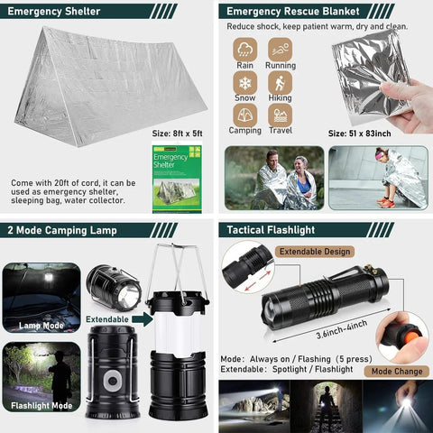Survival kit with emergency shelter tent, emergency rescue blanket, two-mode camping lamp, and tactical flashlight