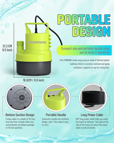Heavy Boss Level 1HP Submersible Sump Pump with portable design, 21.3 cm height, and 16 FT power cord.