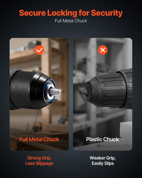 Comparison of Cordless 5-In-1 Drill Driver Kit With Dual Speed, Quick-Change Chuck metal and plastic chucks for grip strength.