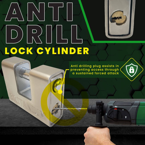 Armored High Security Padlock With Anti Drill Cylinder And Heavy Duty Steel Casing For Storage Units Motorbikes Sheds And Garages 0.67 Inch Shackle Clearance Durable Weatherproof Silver showing anti-drill cylinder