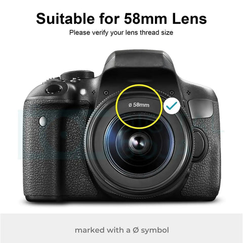 Camera with 58mm lens thread size highlighted, compatible with 58mm Tulip Lens Hood With UV Filter For Canon DSLRs Like Rebel series.