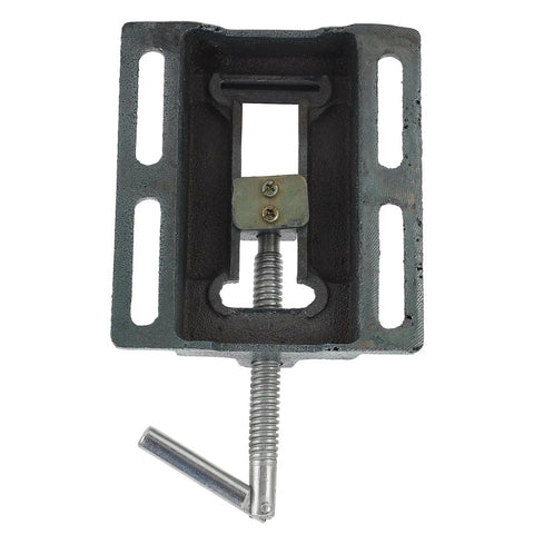 Top view of Beefy 3 Inch High Carbon Steel Drill Press Vise with raised widened jaws, showing guide rod and clamp mechanism.