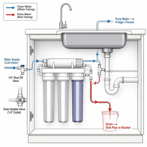 Diagram showing water filtration system with Fridge Water Line Kit 32.8 ft One Quarter Inch OD NSF Certified LLDPE Tubing under sink.