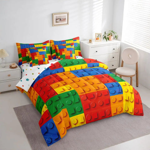 Construction Themed Bed In A Bag Full Size 7 Piece Rainbow Blocks Bedding Set With Microfiber Comforter Flat And Fitted Sheets Pillowcases And Pillow Covers For All Season Kid Approved Bedroom Decor on full bed