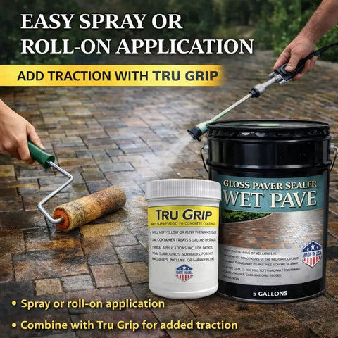 Heavy Duty Wet Look Paver Sealer For Concrete And Brick Blocks with Tru Grip application tools on brick surface.