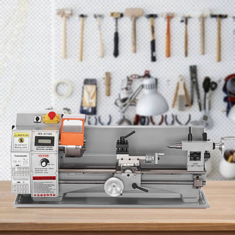 Real Deal 7 X 16 Inch Benchtop Metal Lathe With 800W Brushless Direct Drive Motor and seamless variable speed displayed in a workshop.