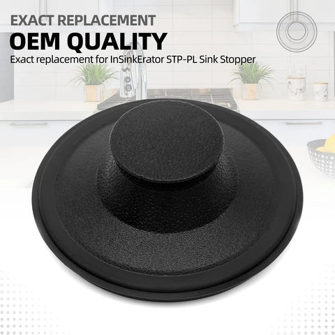 Close-up of black rubber garbage disposal sink stopper, exact STP-PL style fit for 3.5 inch drains, OEM quality.