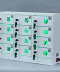 Solid Heavy Duty Steel 12 Slot Cell Phone Storage Lockers With Integrated Fast Charging Station And Secure Key Lock For Offices Schools And Work Crews White, showing lockers with green indicators.