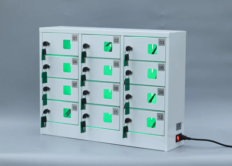 Solid Heavy Duty Steel 12 Slot Cell Phone Storage Lockers With Integrated Fast Charging Station And Secure Key Lock For Offices Schools And Work Crews White, showing lockers with green indicators.